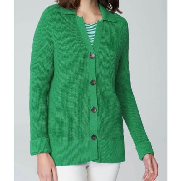 J. Jill Waffle Knit Collared Button Up Cardigan Sweater Green Size L Tall Long - Picture 4 of 14